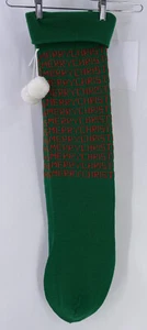 Vintage Knit Merry Christmas Stocking Pom Pom Large Acrylic Green Red - Picture 1 of 6