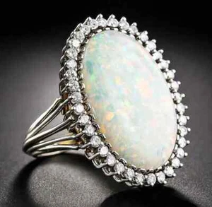 18K Gold Plated 925 Sterling Silver Halo Opal Oval Cut Engagement Ring for Her - Picture 1 of 7