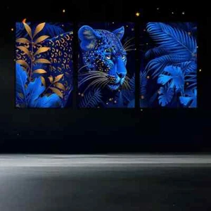 3pcs Leopard Surrounded By Blue Flowers and Golden Plants Canvas Unframed - Picture 1 of 8