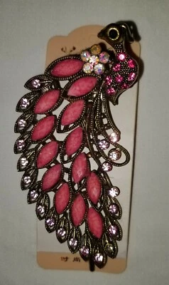 Peacock Hair piece Barrette Rhinestones Jewels 4" Pink He Zhi Wu Jewelry - Image 1 of 4
