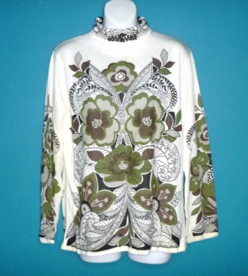 Vtg 60s Kmart Acetate Knit Top MOD Flower Power Olive Green Brown Sz L - Image 1 of 4