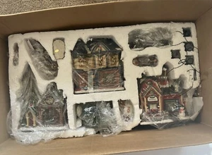 Christmas Village Set Houses with School Porcelain New - Picture 1 of 7