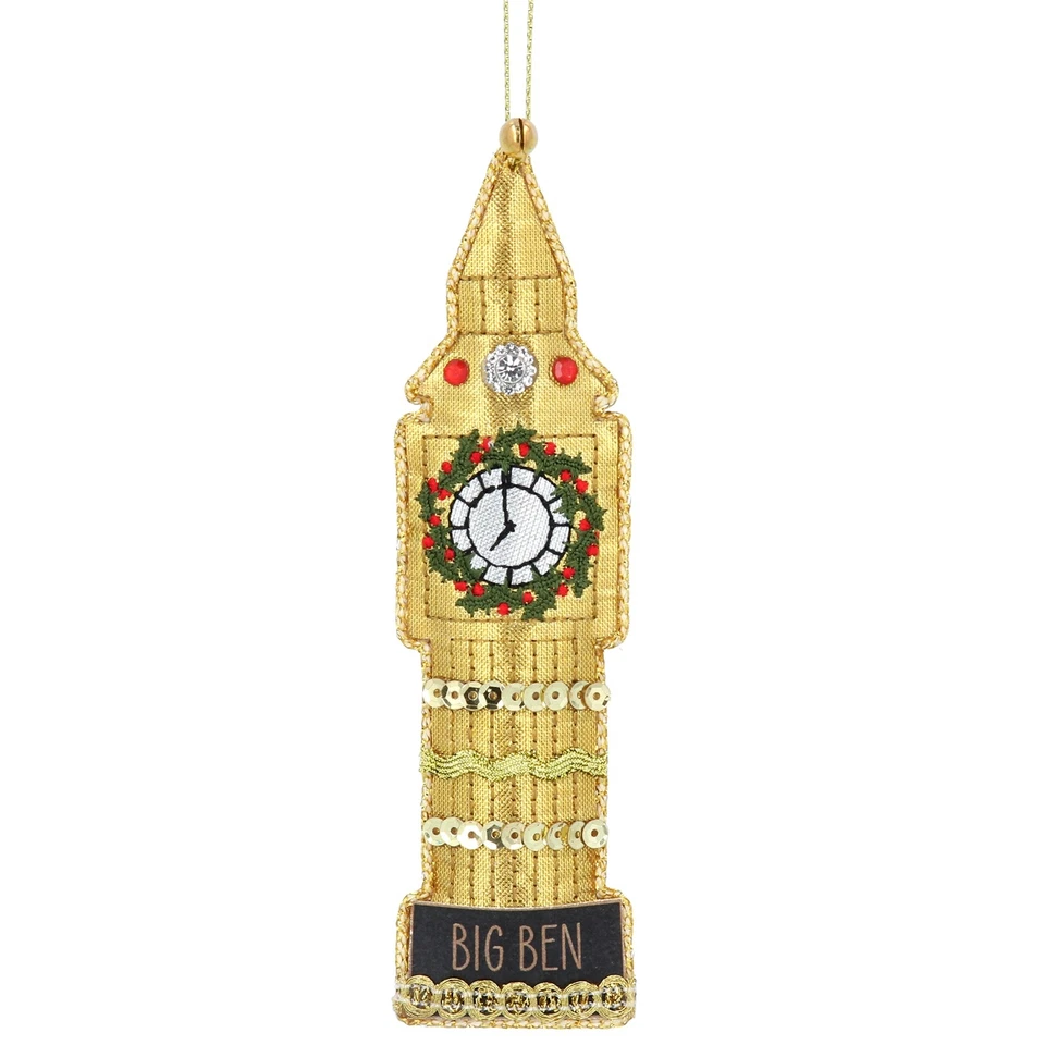 Gisela Graham Luxe Fabric Big Ben Christmas Tree Decoration with Gold Twine - Image 1 of 1