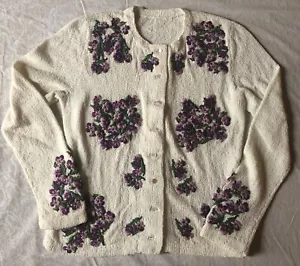 Vtg Women M White Button Up Sheer Knit Cardigan Purple Floral Embroidery Stretch - Picture 1 of 11