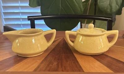 McCoy Early Creamer and Sugar with Lid- Rare. Yellow Speckled Glaze - Image 1 of 4