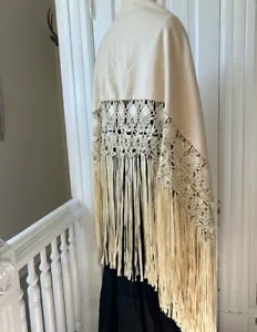Antique 20's Hand Woven Silk Ribbon Shawl True Vintage Romantic Fringe Macrame - Picture 1 of 6