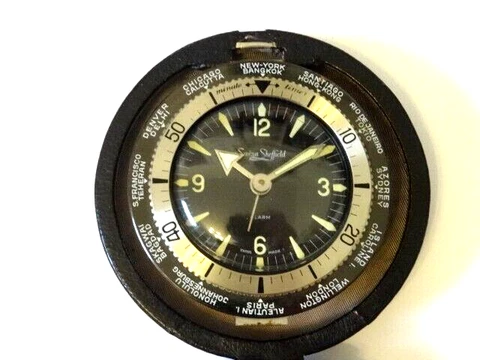 Vintage 1960s SWIZA SHEFFIELD 8 Days World Time Diver Style Clock & Leather Case Cover