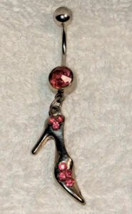 Navel Belly Ring Dangle High Heel Shoe Pink Stone Surgical Steel 14G - Picture 1 of 1