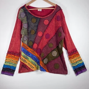 Top boho patchwork più grande buono XXL rosso colorato arcobaleno artistico hippie bordo grezzo - Foto 1 di 14