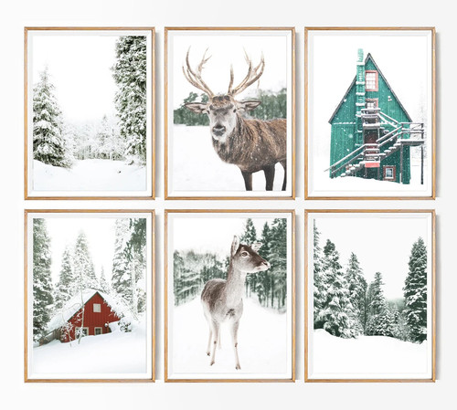 Set of 6 Christmas Winter Prints Log Cabin Snowy, Home Decor | eBay ...