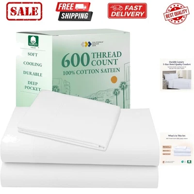 XL Twin Sheets Set - Luxury 600 Thread Count 100% Cotton Sateen, Twin XL Shee... - Image 1 of 4