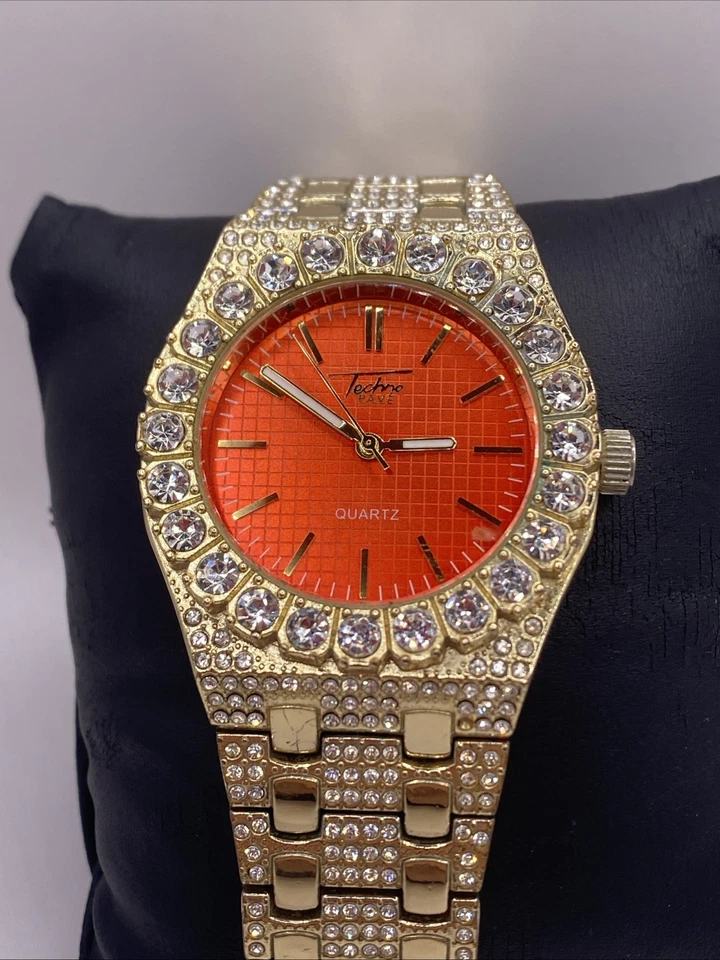 TechnoPave Men's Bling Gold Iced Nugget Fashion Metal Band Watch New Battery - Image 1 of 4