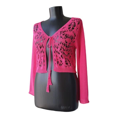 Save The Queen Top Cardigan Long Sleeve Cropped Lace Knit Pink Cotton Size M - Image 1 of 4