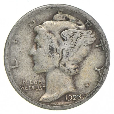 Moneda de diez centavos de plata 90 % Mercury 1923-S en muy buen estado+ Foto 1 de 4