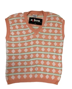 Chaleco tejido melocotón Aileen M patrón diamante cuello en V EE. UU. pequeña mancha de algodón - Imagen 1 de 11