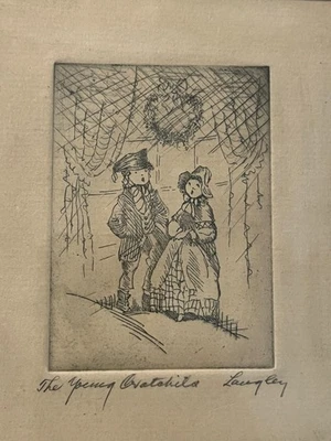 Original Christmas etching - Listed Early Texas Artist Jane Langley - Image 1 of 3