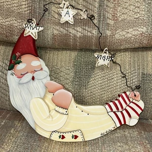 Sleeping Santa Wooden TOLE Hand-painted Crescent Wall Hanger “ WHAT A NIGHT “ 95 - Picture 1 of 6