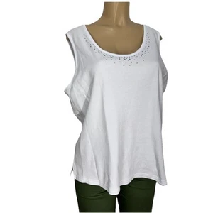 Quacker Factory White Beaded Tank Top Shirt Womens Size L Stretch Casual Cami - Picture 1 of 11