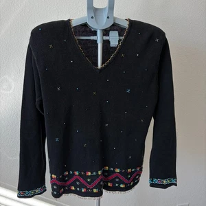 Arriviste 90s Vintage Beaded Damen Pullover Gr. LG schwarz bestickt Fransen - Bild 1 von 5