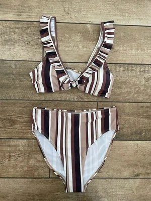 Nuevo sin etiquetas Bikini Boohoo Talla 10 Triángulo Volantes Acolchado Cintura Alta Marrón Rayas Foto 1 de 4