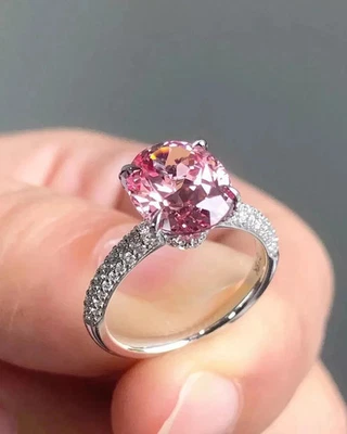 Anillo de diamantes de zafiro rosa natural de corte ovalado de 2,38 quilates de oro blanco macizo de 14 quilates talla AL Foto 1 de 4