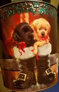 Christmas Tins Puppies Puppy in stockings,  so Cute + 3 smaller tins- Santa MORE - Picture 1 of 6