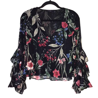 Olivaceous Womens Top S Cropped Black Multicolor Floral Ruffled Long Sleeve - Image 1 of 4