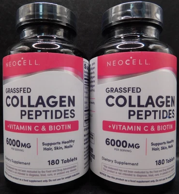 Paquete de 2 péptidos de colágeno alimentados con pasto Neocell cabello, piel y uñas 180 tabs Ea Exp: 10/26 Foto 1 de 4