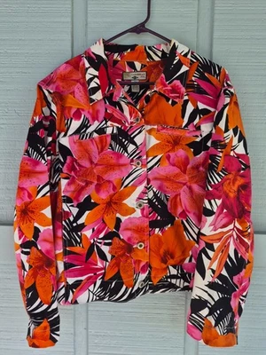 Chaqueta de Jean CARIBBEAN JOE Crop Rosa Brillante Tropical Talla XL Bolsillos Cortados  Foto 1 de 4
