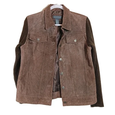 Relativity Suede Trucker Jacket Women’s M Brown Vtg Y2K Sweater Sleeve Casual - Image 1 of 4