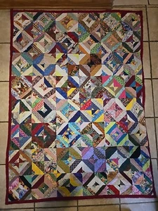 Vintage Handmade Stitched Patchwork Quilt Hand Sewn 58" x 43” Blanket - NICE! - Picture 1 of 21