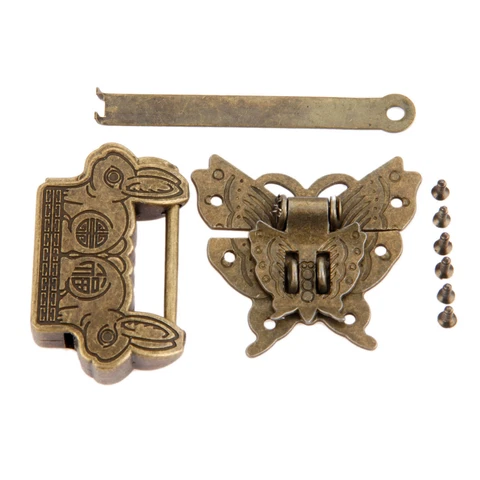 Vintage Butterfly Jewelry Box Latch Clasp Fortune Blessing Padlock Lock Key Set Cover