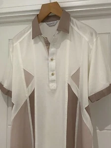 Men's Retro Cream & Beige Vintage 90s Mod Gabicci Collared Top Size M/L PTP 22" - Picture 1 of 5