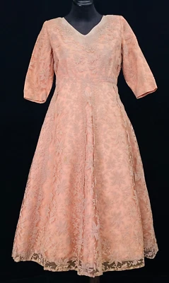 Vintage mauve lace dress, dusty pink formal 1940 1950 illusion L XL plus size - Image 1 of 4