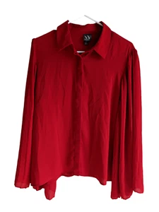 Worthington Red Pleated Flare Long Sleeve Button Down Sheer Top Dressy Size L - Picture 1 of 7