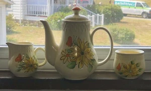 Sarasota By Shafford Japan 17cm Tall Teapot & Creamer Flowers Orange Butterfly - Picture 1 of 4