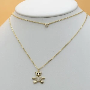 14K Gold Plated Double Chain Necklace Bear w crystal heart charm. Oro Laminado - Picture 1 of 5