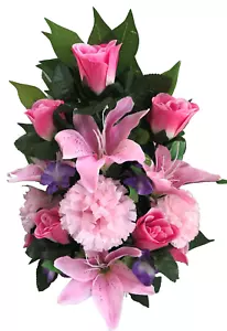 Arreglo de Maceta de Tumba Flores Seda Artificial Espalda Plana Rosa Lirio Rosa Mezcla - Imagen 1 de 6