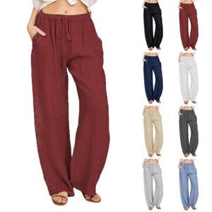 Women Cotton Linen Solid Wide Leg Casual Loose Drawstring Palazzo Long Pants Gym - Picture 1 of 18