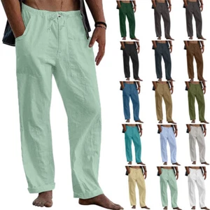Men's Summer Beach Loose Cotton Linen Pants Yoga Drawstring Elasticated Trousers - Picture 1 of 24