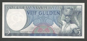 Suriname 5 Gulden 1.9.1963; UNC; P-120b; BNB-B506b; Woman with basket of fruit - Picture 1 of 2