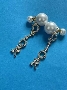 Christian Dior Gold Crystal Logo Letters Faux Pearl Dangle Earrings - Picture 1 of 7