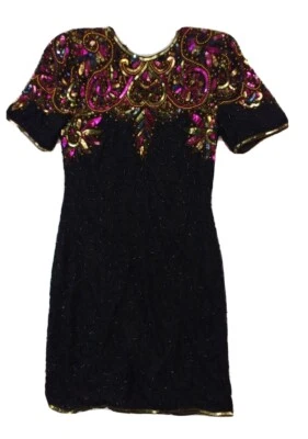 Vintage Laurence Kazar Size S Beaded Sequins Evening Gown Open Back Dress - Image 1 of 4