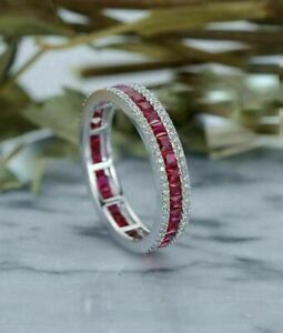 14K White Gold Over 2.50Ct Princess Natural Red Ruby Wedding Eternity Band Ring