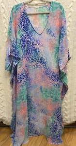 Sheer Colorful Mrs. Roper Kaftan Beach Coverup OSFM Teal Pink Blue - Picture 1 of 4