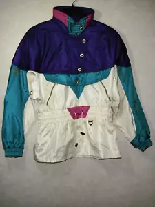 Vintage Descente Ski Snow Jacket Women 12 Purple Teal Color Block 1/4 Zip Hooded - Picture 1 of 24