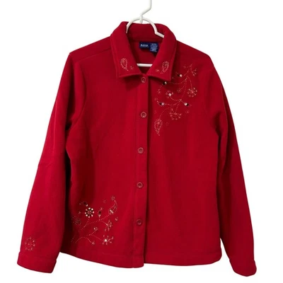 Basic Editions Womens Size Medium Red Fleece Button Down Shirt Jacket Y2K Beaded - Image 1 of 4