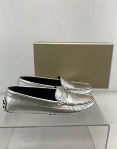 Aurelien Metallic Silver Leather Slip-On Driving Shoes 39/8 Italy - Picture 1 of 7