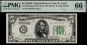 1928B $5 FRN ST LOUIS P.M.G #66EPQ - Picture 1 of 3