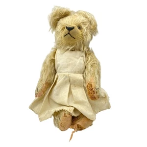 Peluche vintage orsacchiotto paglia riempito anni 50 danneggiato biondo chiaro capelli lunghi - Foto 1 di 14